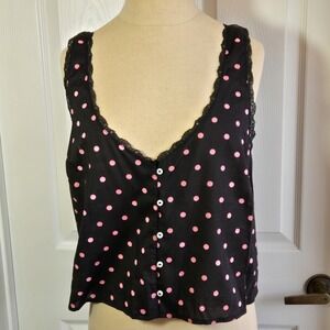 Victoria's Secret Camisole Crop Top Sleepwear Size M Pink Black Polka Dots Lace‎